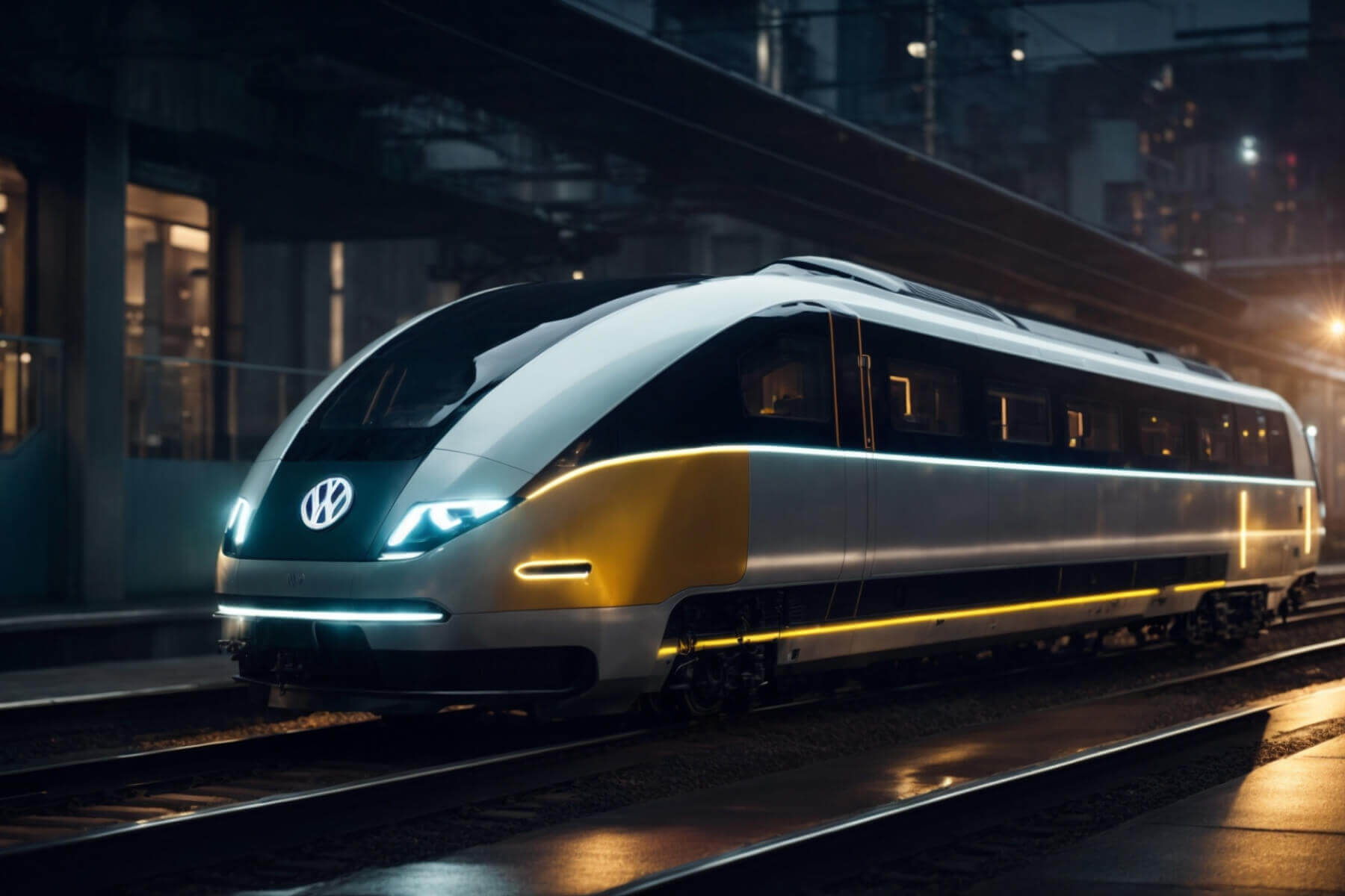 A sleek modern train with a futuristic design is stationary on the tracks at a dimly lit station during dusk or early evening. The train has a white and silver body with yellow-golden accents and features the Volkswagen logo on the front. The headlights and trim lights are illuminated, giving the train a sophisticated appearance.